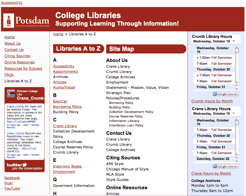Screen capture of the Libraries A to Z web page.